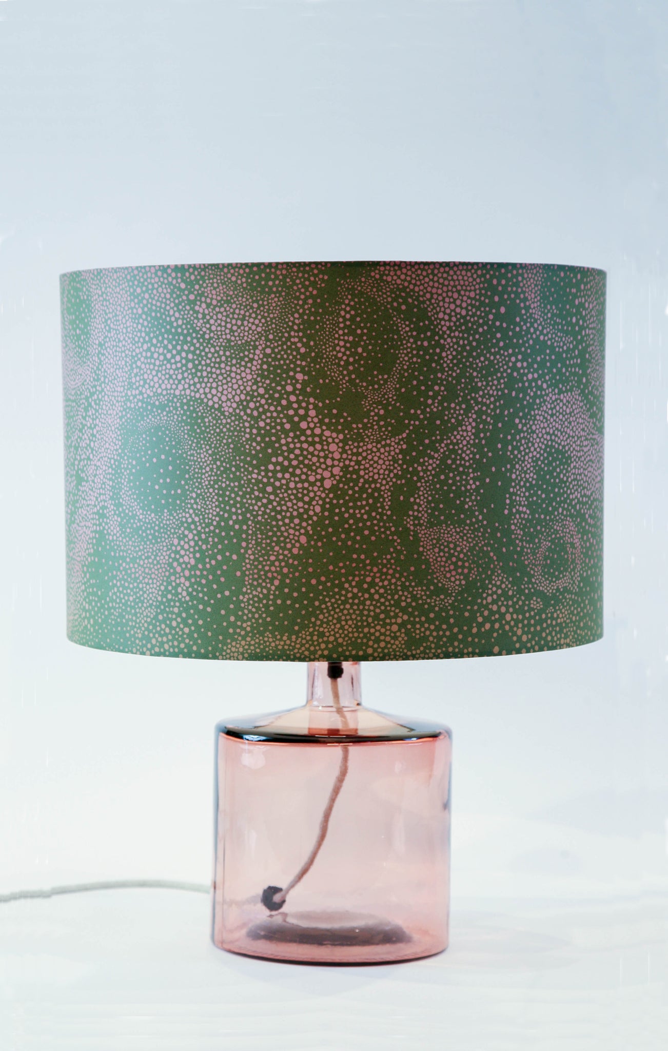 Aurora olive pink paper large drum lampshade with lamp stand (not for sale) white background by GvE&Co