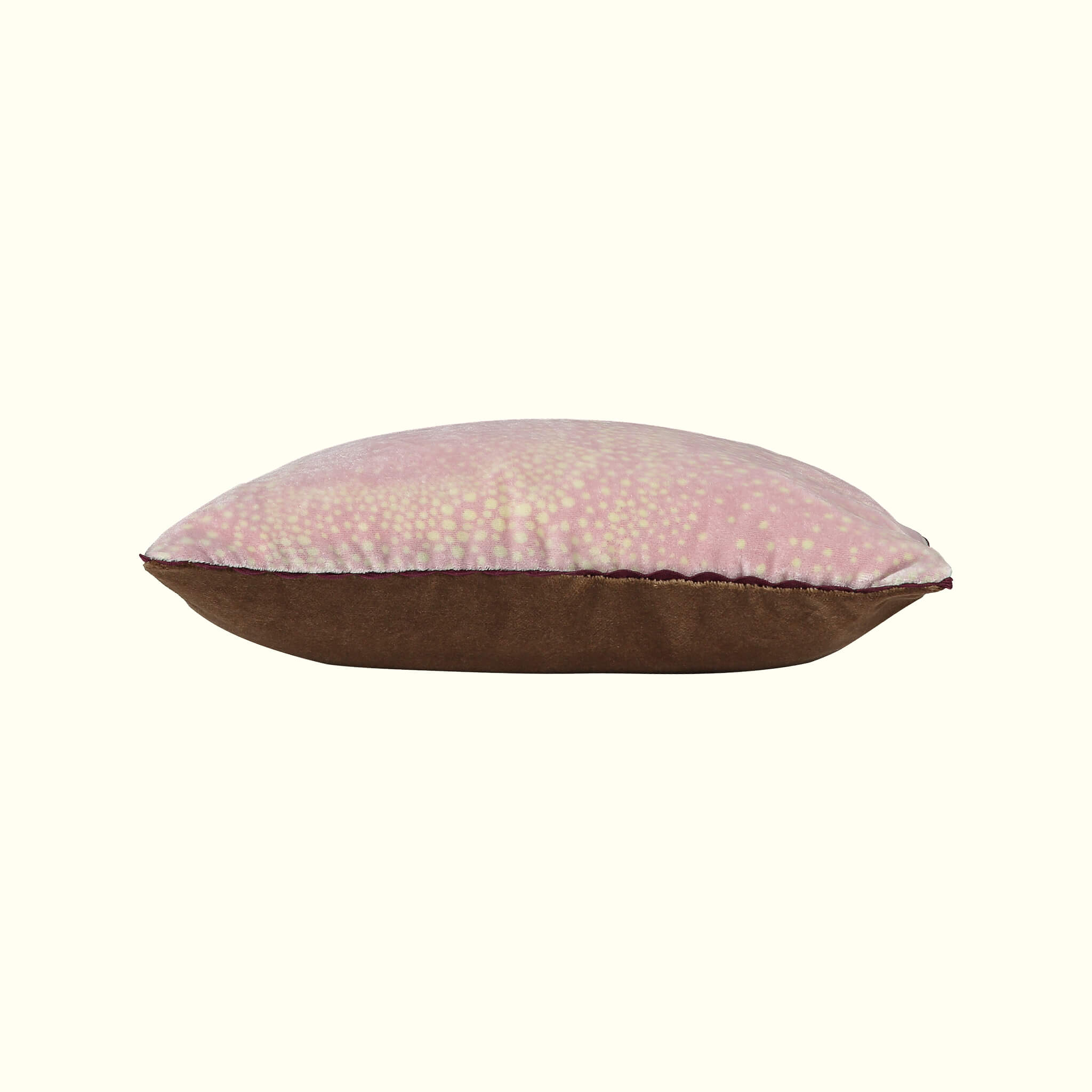 Aurora design dusty pink in silk velvet cotton velvet backed travel cushion sideview by GvE&Co