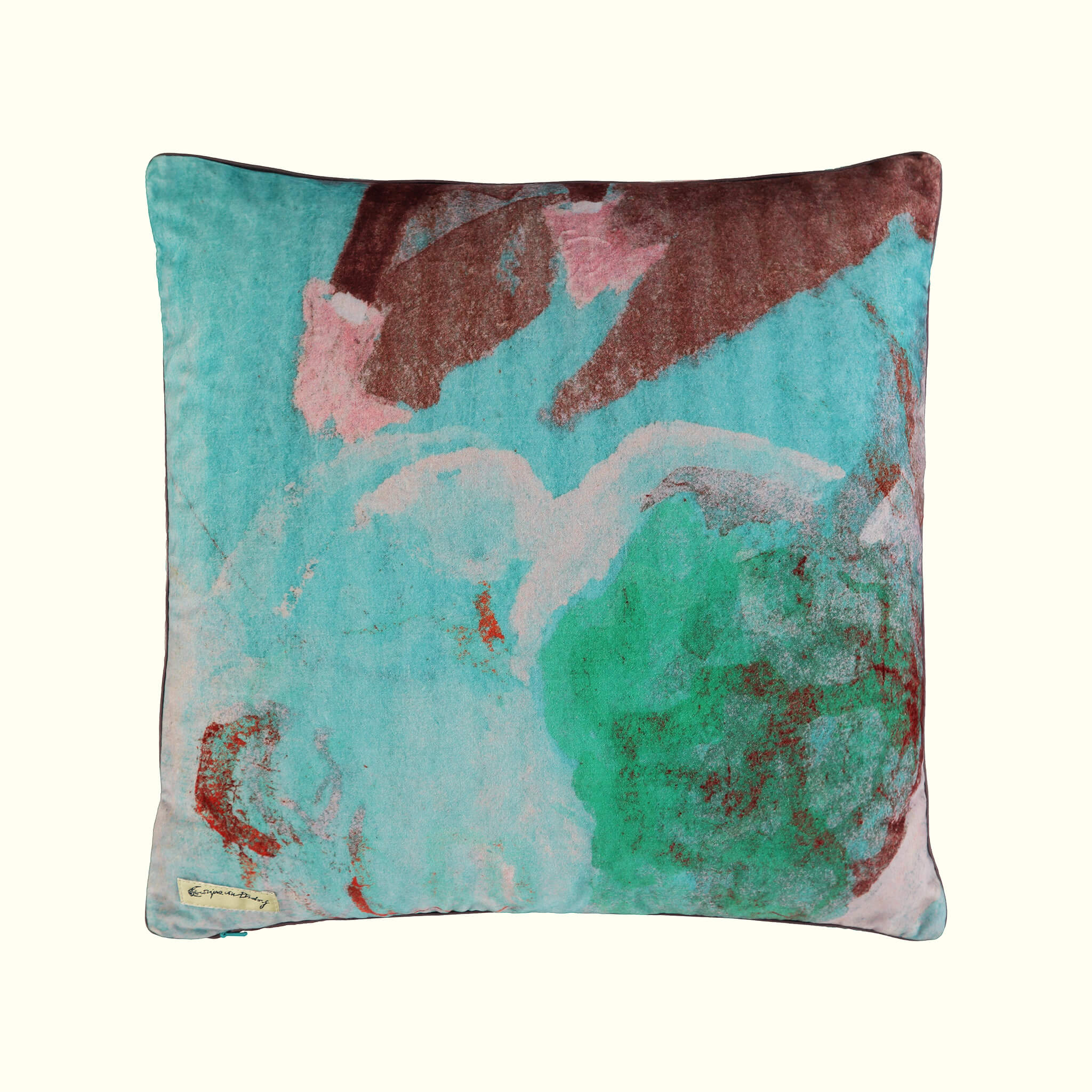 Conversation aqua fabric design cushion in cotton velvet 46 cm back view by GvE&Co (Georgina von Etzdorf)