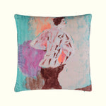 Conversation aqua fabric design in cotton velvet cushion 46 cm front view by GvE&Co (Georgina von Etzdorf)
