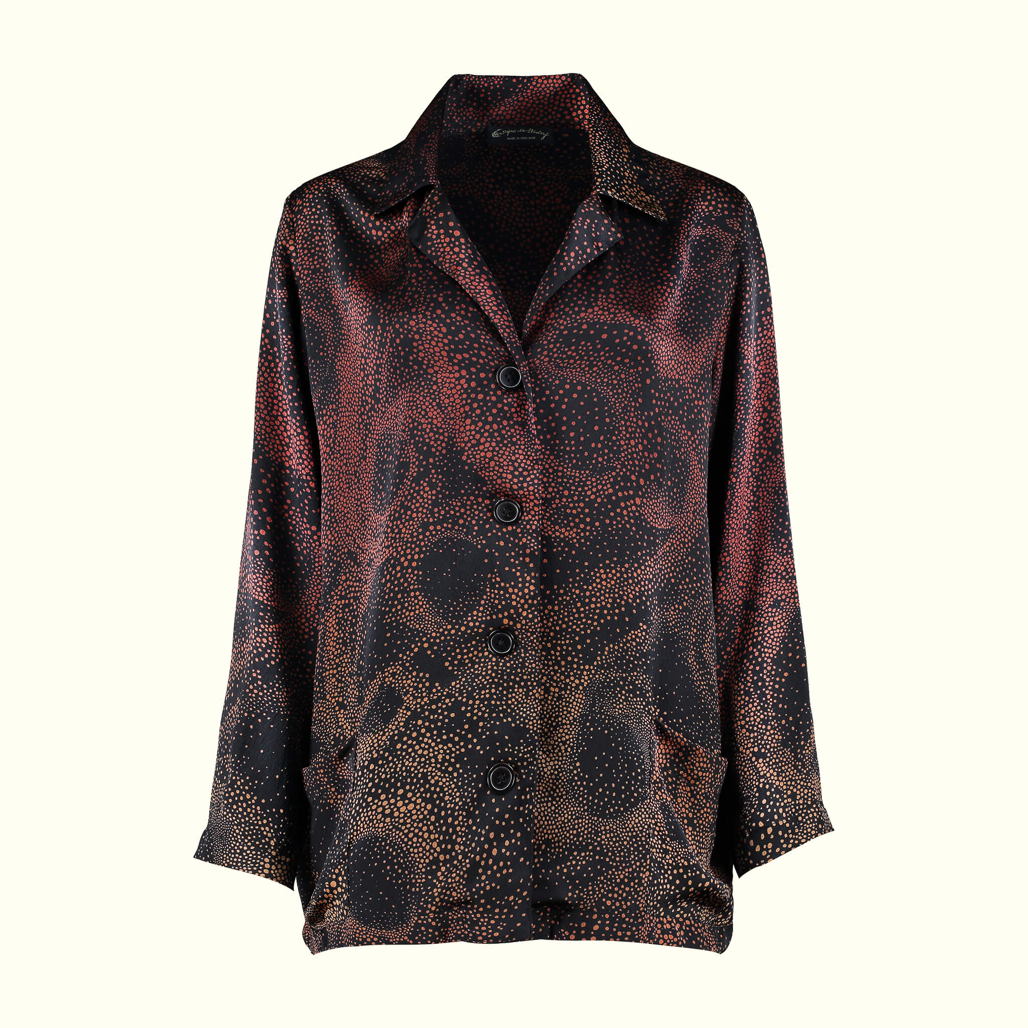 Aurora Black and Red textile design Pyjama Top Pearl Satin Silk front view - by GvE&Co (Georgina von Etzdorf and co)