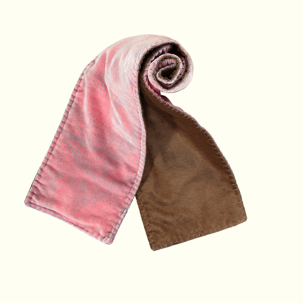 Aurora scarlet silk velvet scarf, cotton velvet backed, rolled up- GvE&Co