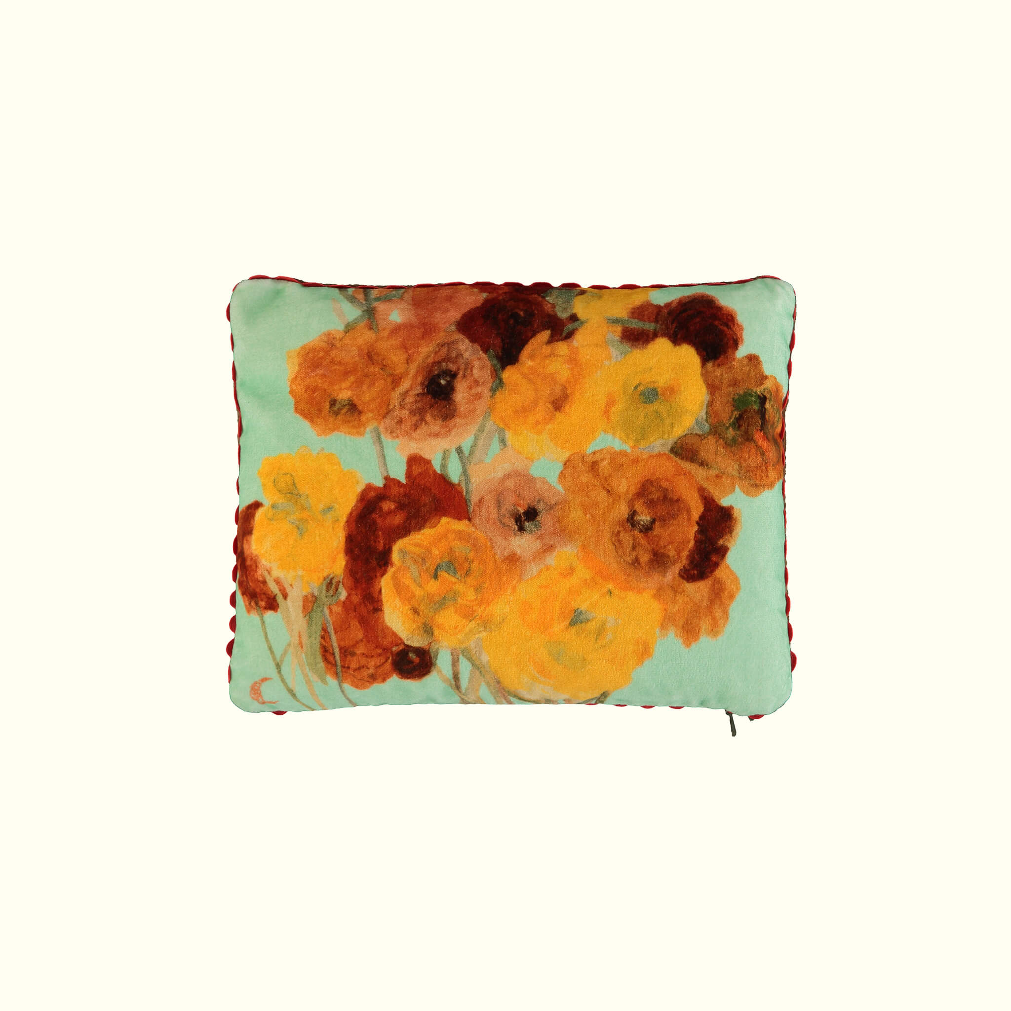 Ranunculus mint ochre in cotton velvet travel pillow - GvE&Co